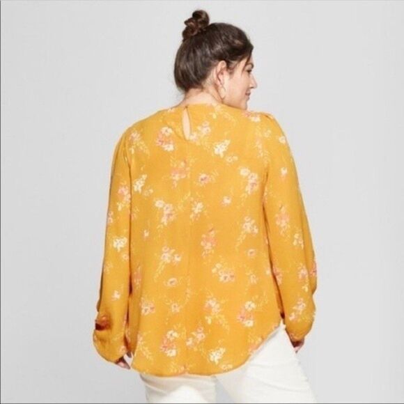 Ava & Viv Floral Puff Sleeve Blouse Mustard Yellow Pink & White New Condition 2X - Picture 2 of 7